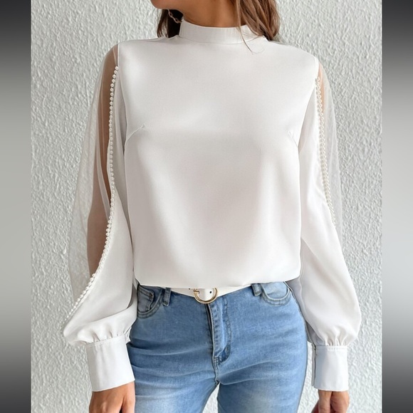 Elegant Sheer Mesh Long Sleeve Pearls Beaded Mock Neck Blouse Blue - Picture 13 of 14